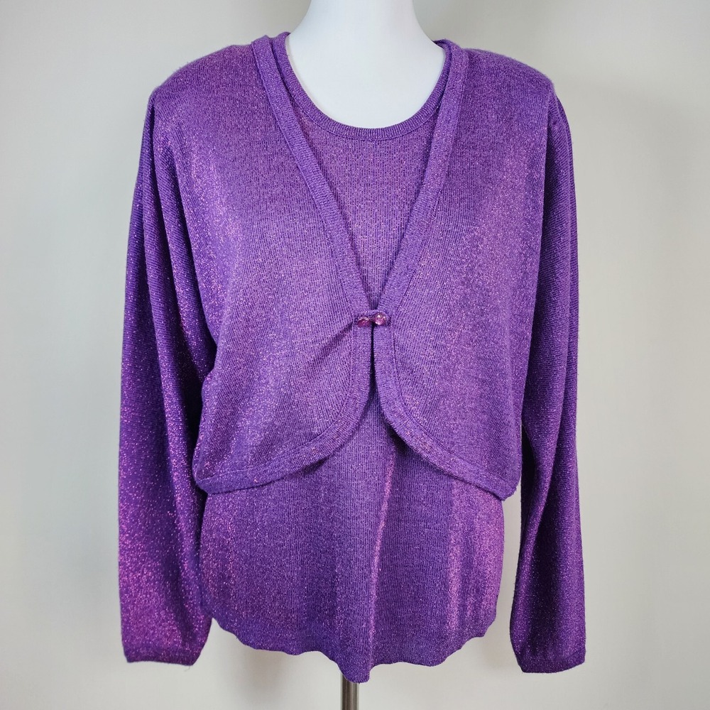 Vintage Purple Sweater Set Womens Large Shoulder Pads Metallic‎ Knit 80s Dallas